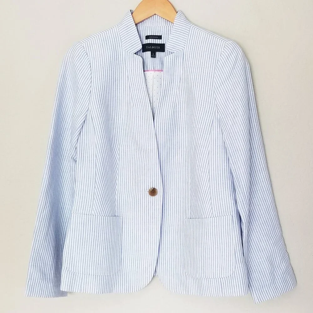 Talbots Light Blue White Stripe Lightweight Blazer Jacket 6 Linen Cotton $159 - Picture 4 of 16